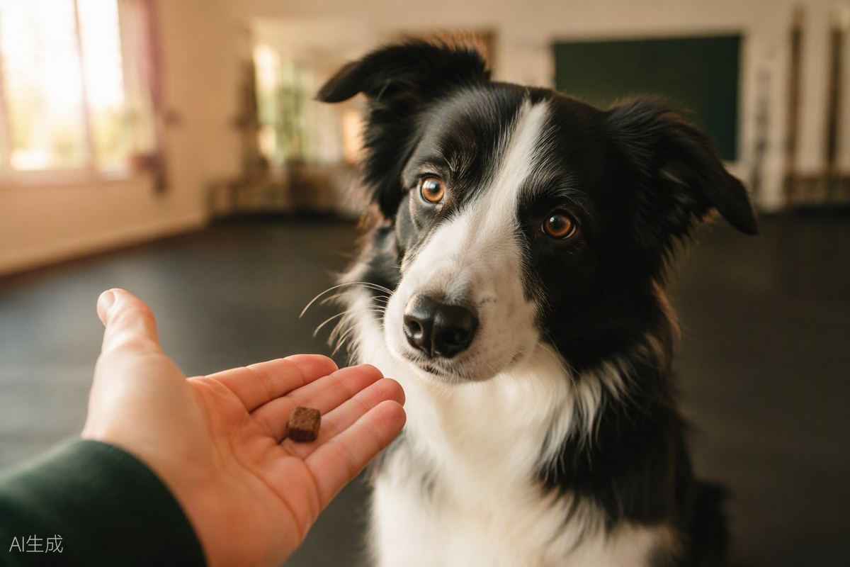 训犬师用手掌喂食奖励专注的边牧
